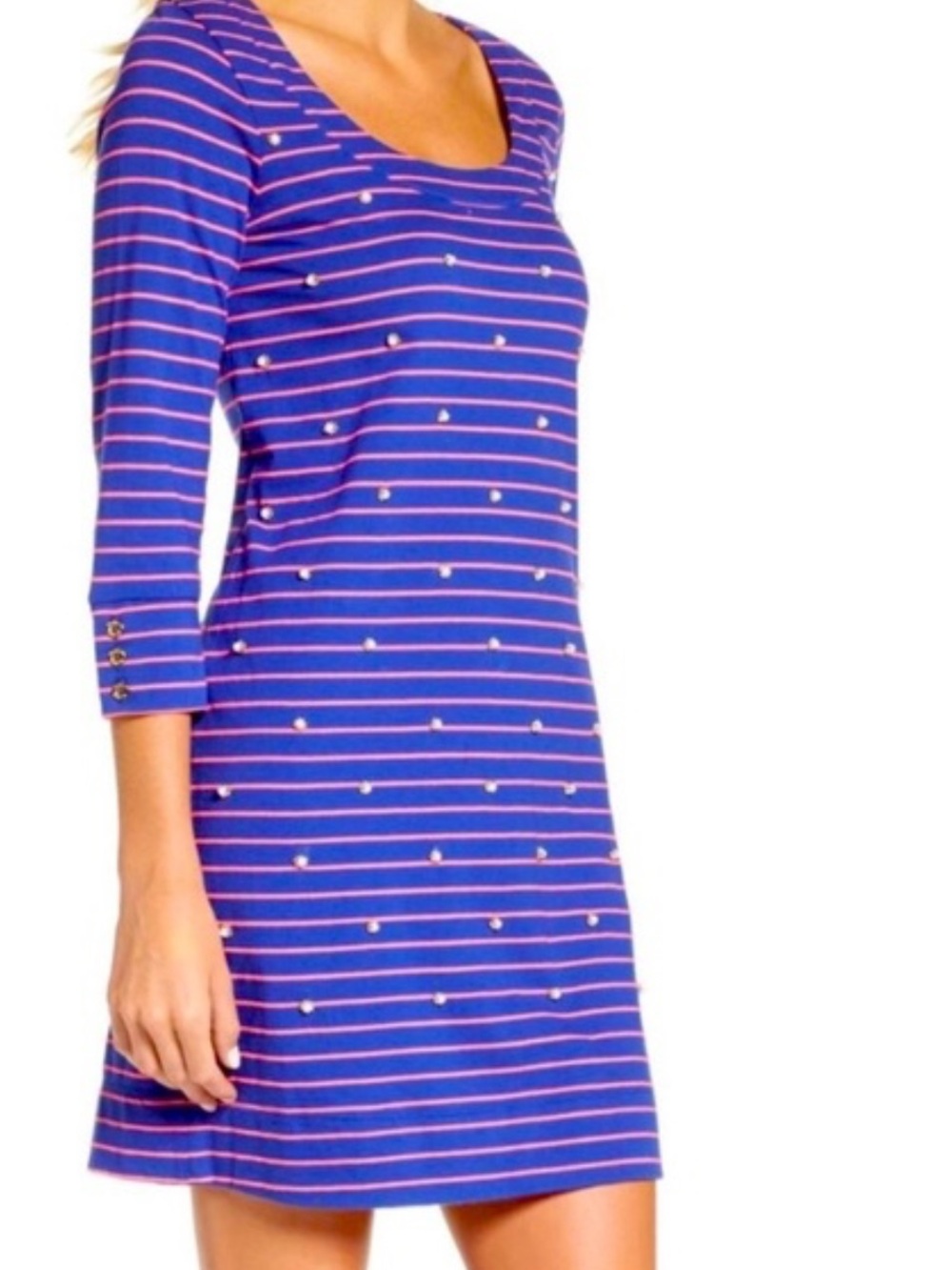 Lilly Pulitzer Merrit Dress True Blue Palm Stripe Beaded Shift Pink L